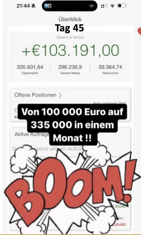 Kontoauszug an Tag 45 der Challenge: 335.601 € Eigenkapital