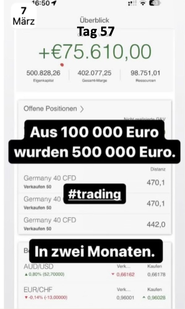 Kontoauszug an Tag 57 der Challenge: 500.828 € Eigenkapital